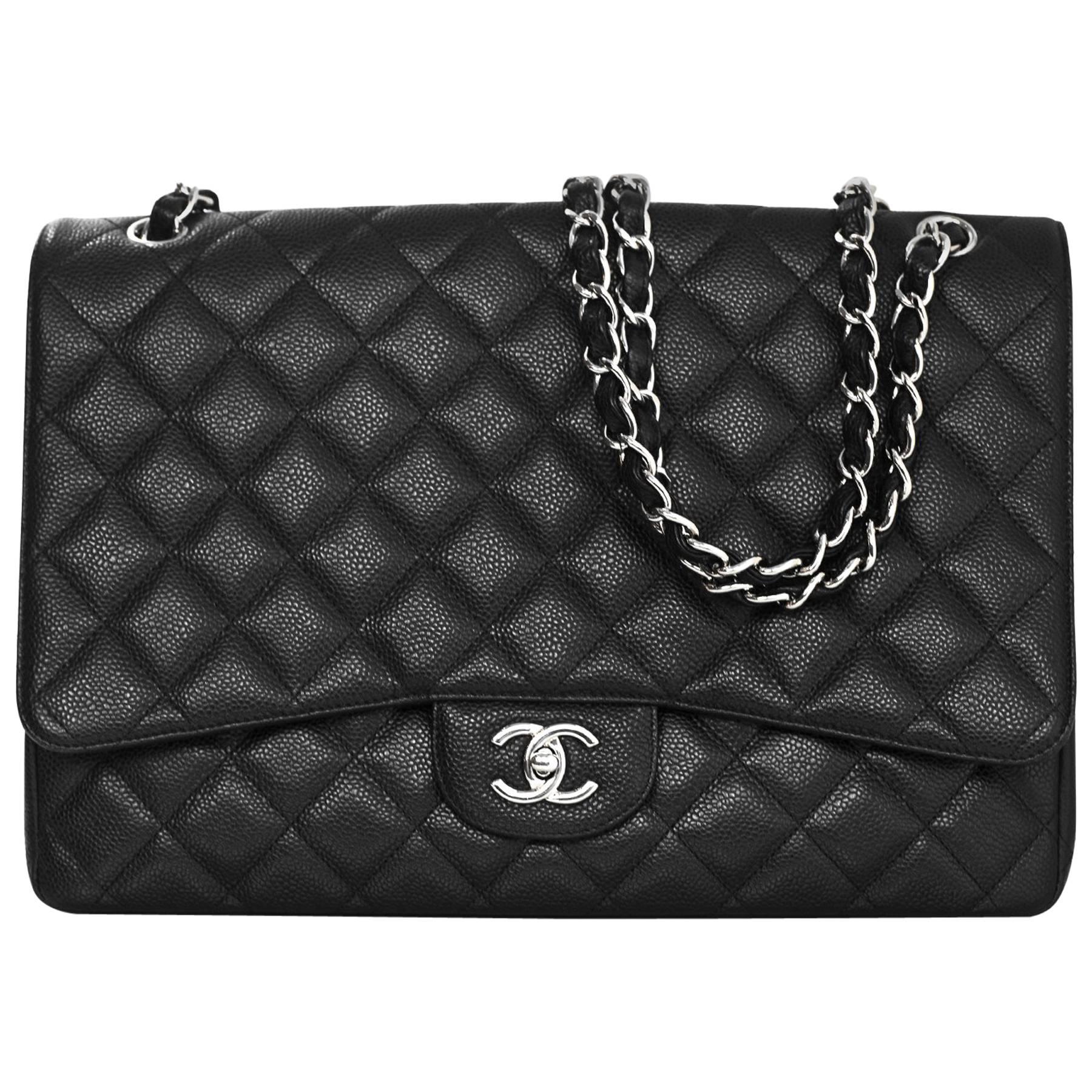 Chanel Black Caviar Leather Quilted Single Flap Maxi Classic Bag with DB