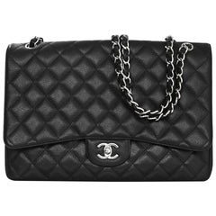 Chanel Black Caviar Leather Quilted Single Flap Maxi Classic Bag with DB 3