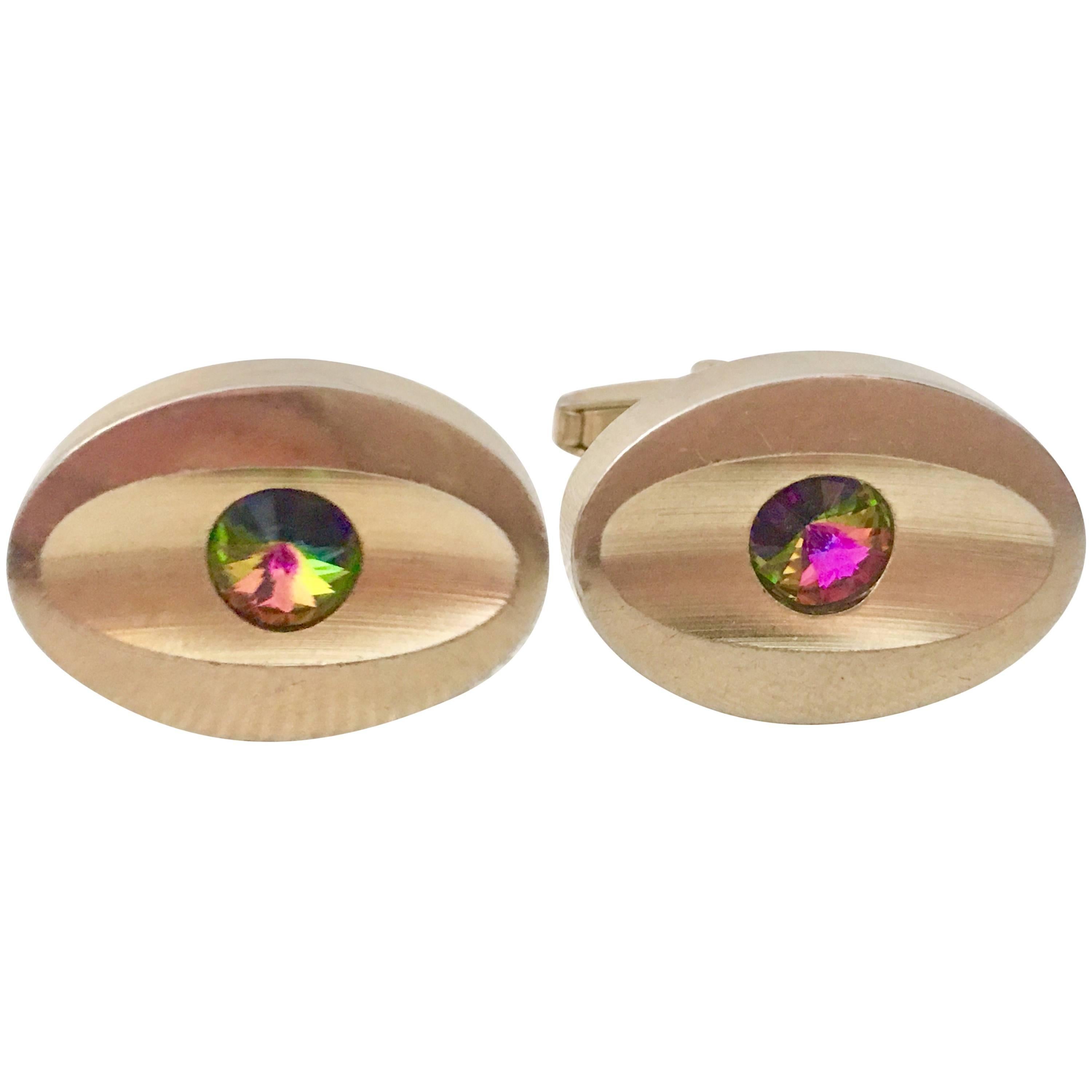 60'S Pair Of Gold & Watermelon Crystal Cuff Links By Sarah Coventry