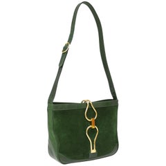 Vintage 1970s Hunter Green Suede Shoulder Bag with Gold Details 