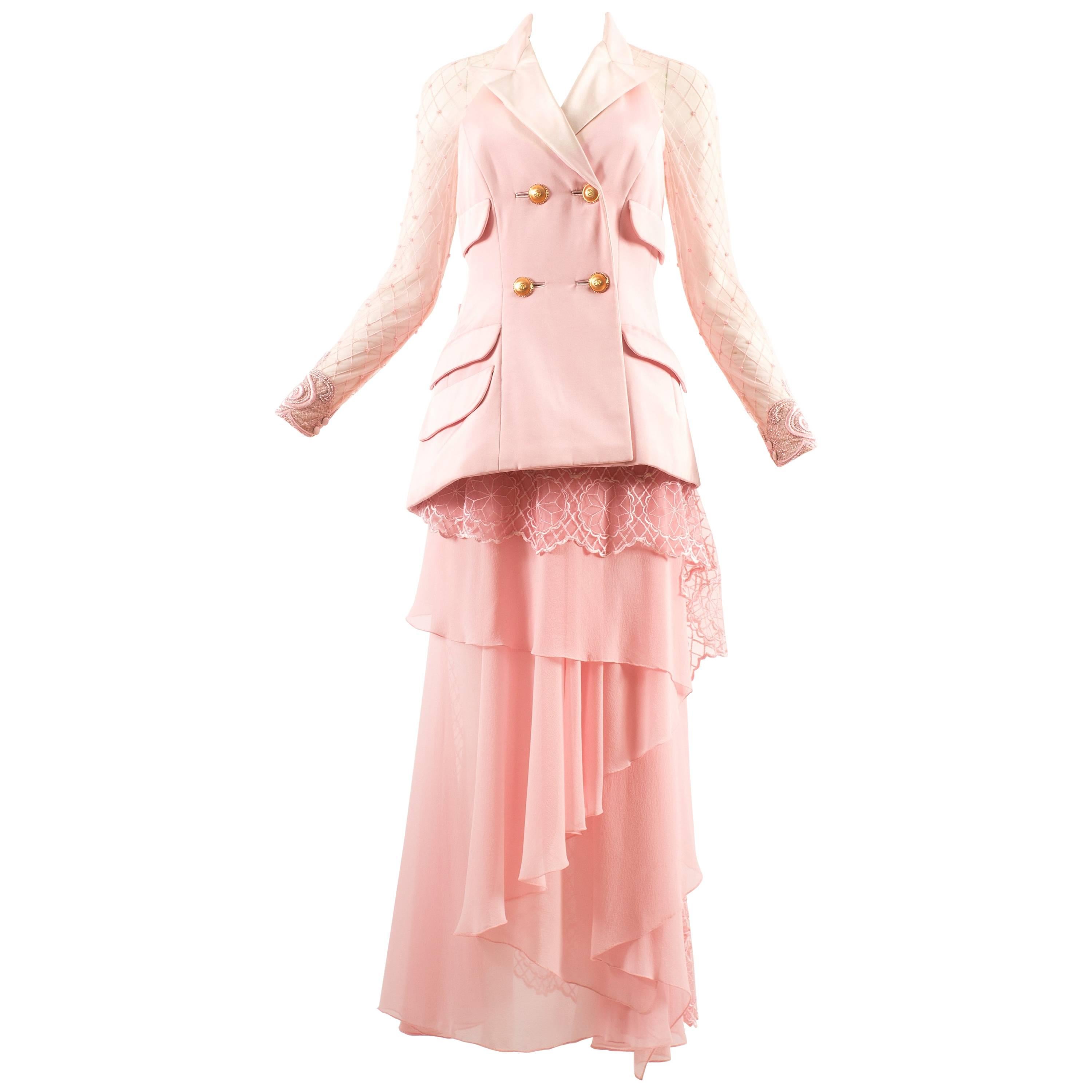 Atelier Versace Autumn-Winter 1993 baby pink embellished 3 piece skirt suit 