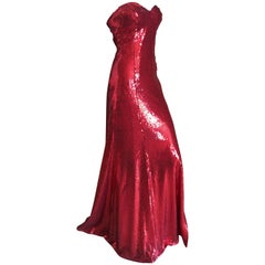 Yves Saint Laurent 70's Rive Gauche Amazing Red Sequin Strapless Evening Dress