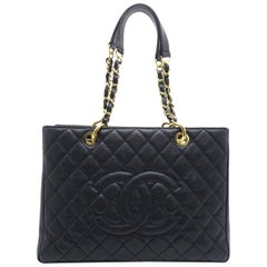 Chanel GST Black Quilted Caviar Leather Gold Metal Chain Shoulder Bag