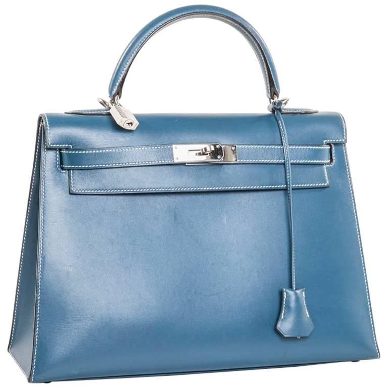 HERMES 'Kelly 2' 32 Bag in Blue Jean Leather