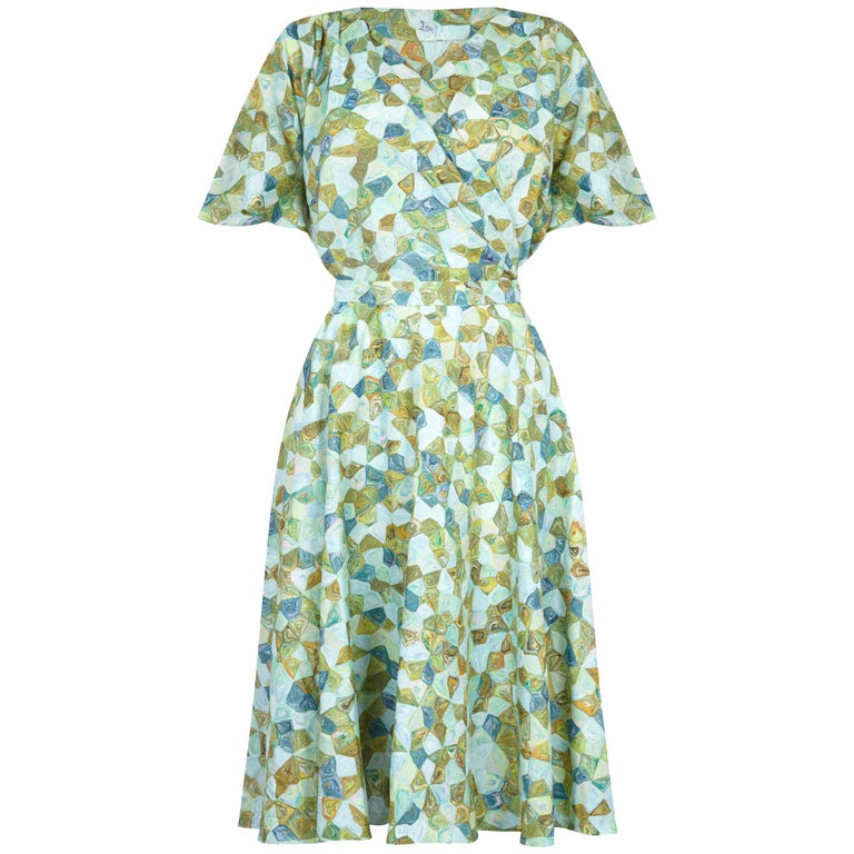 1950s Silk Pale Green Abstract Novelty Patterned Dress For Sale at 1stdibs