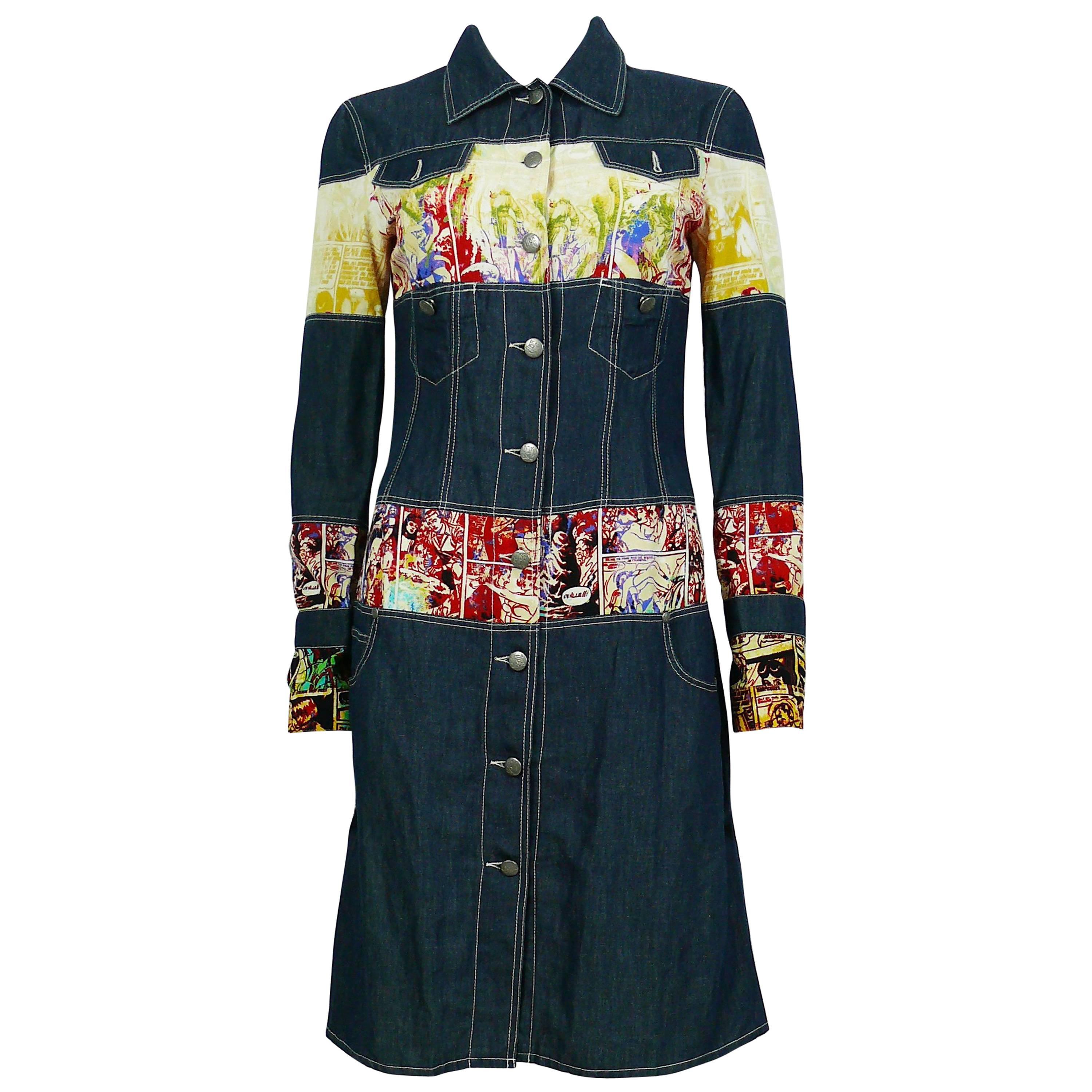 Jean Paul Gaultier Vintage Comics Print Denim Coat Dress For Sale
