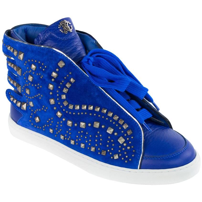 Roberto Cavalli Electric Blue Leather Studed Sneakers Shoes For Sale