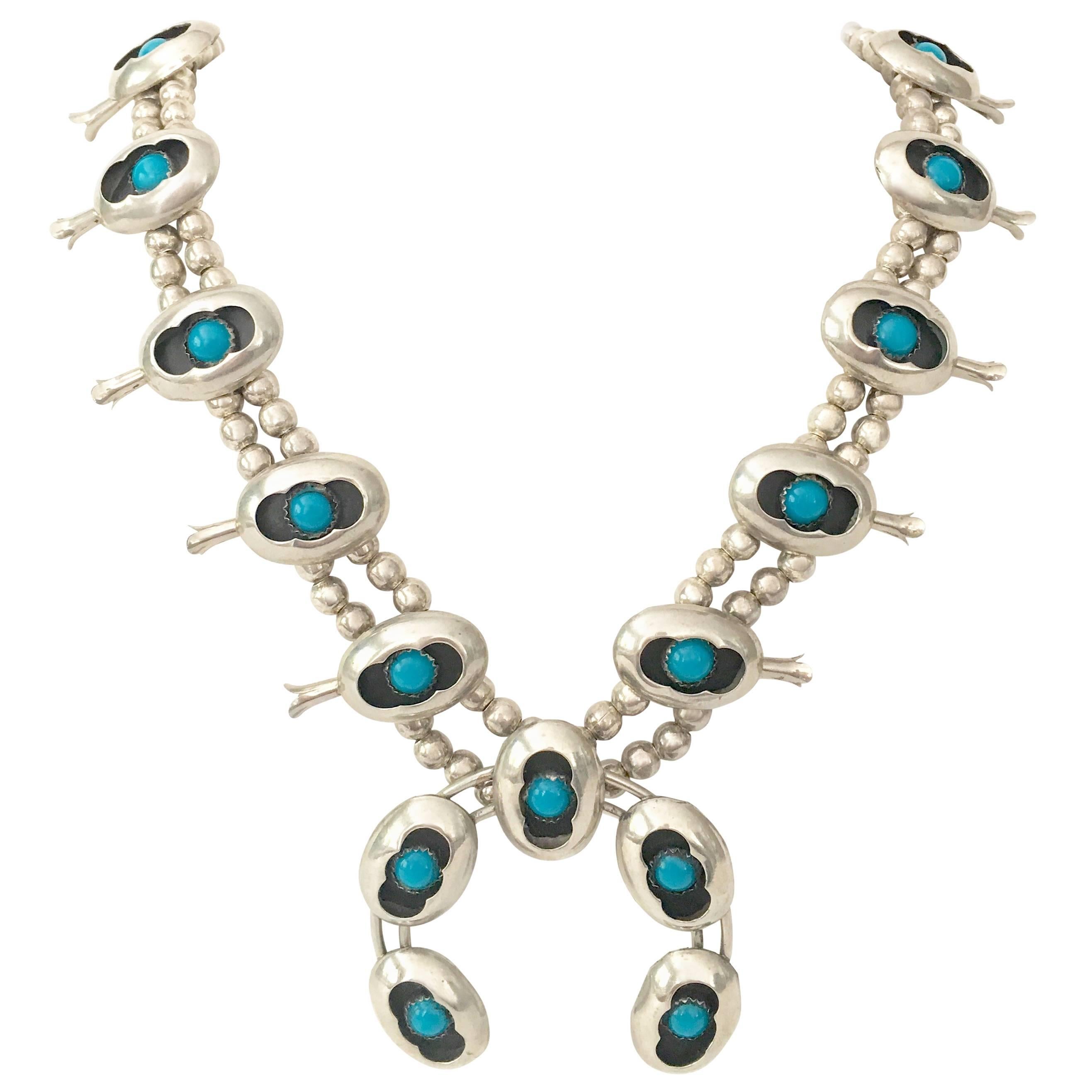 Navajo Sterling and Turquoise Naja Squash Blossom Necklace
