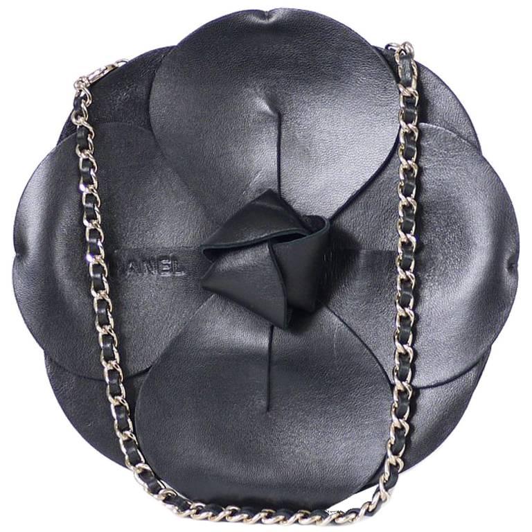 Chanel Leather Camellia 2 Way Evening Clutch Black 