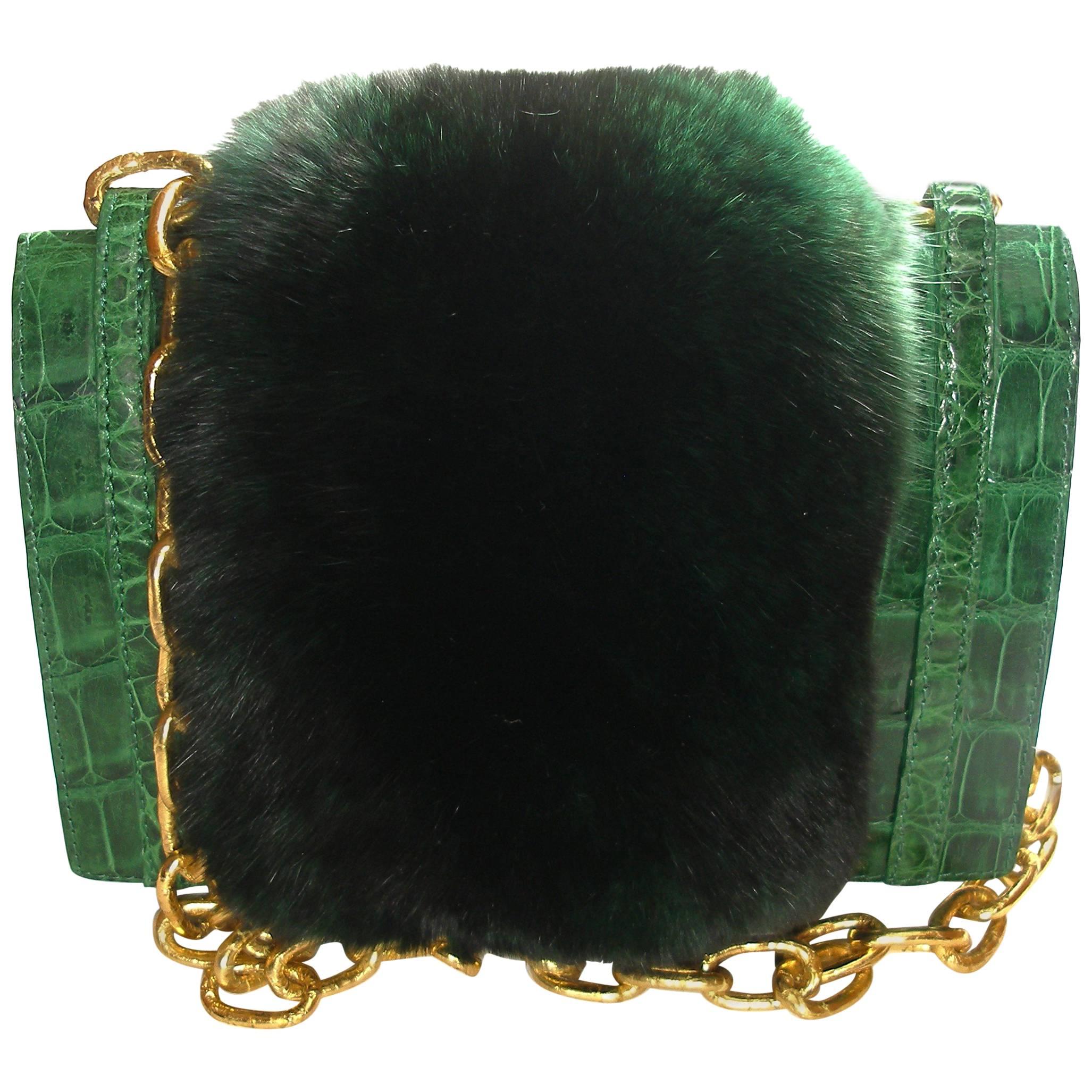 WON-DER-FULL Mink Fur & Crocodile mini Shoulder Bag Nancy Gonzales  / LIKE NEW 