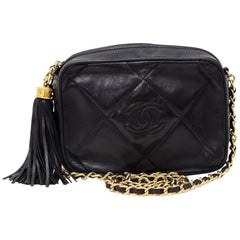 Vintage Chanel 7" Black Quilted Leather Fringe Shoulder Pochette Bag