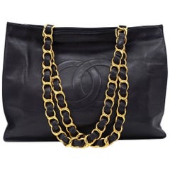 Vintage Chanel Jumbo XL Black Leather Shoulder Shopping Tote Bag