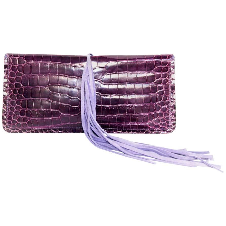 BALMAIN Clutch in Amethyst Colored Crocodile Porosus with Mauve Suede Fringes