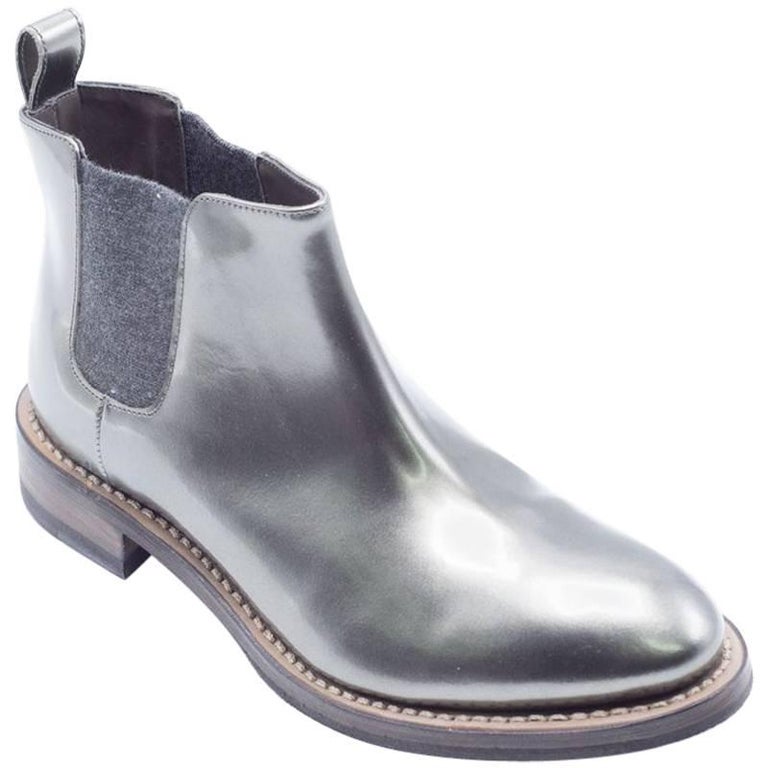 Brunello Cucinelli Women Metallic Leather Silver Ankle Boots at 1stDibs