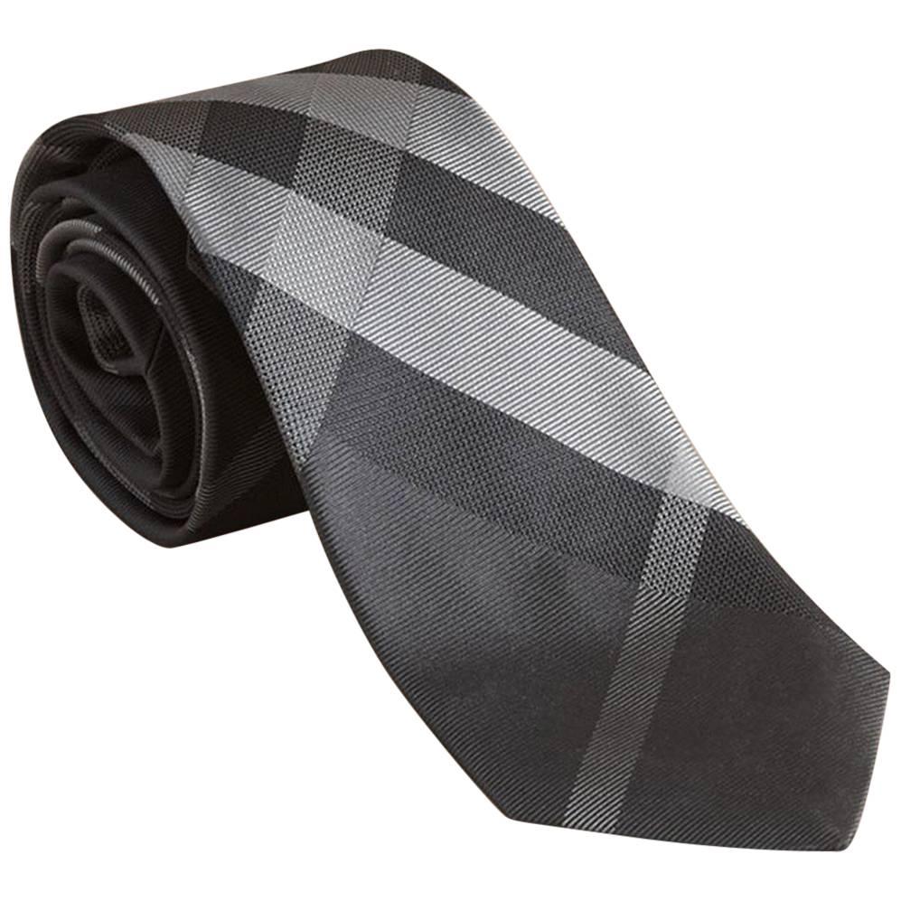 Burberry Modern Cut Check Silk Dark Charcoal Tie - Size: 3” (8cm) For Sale