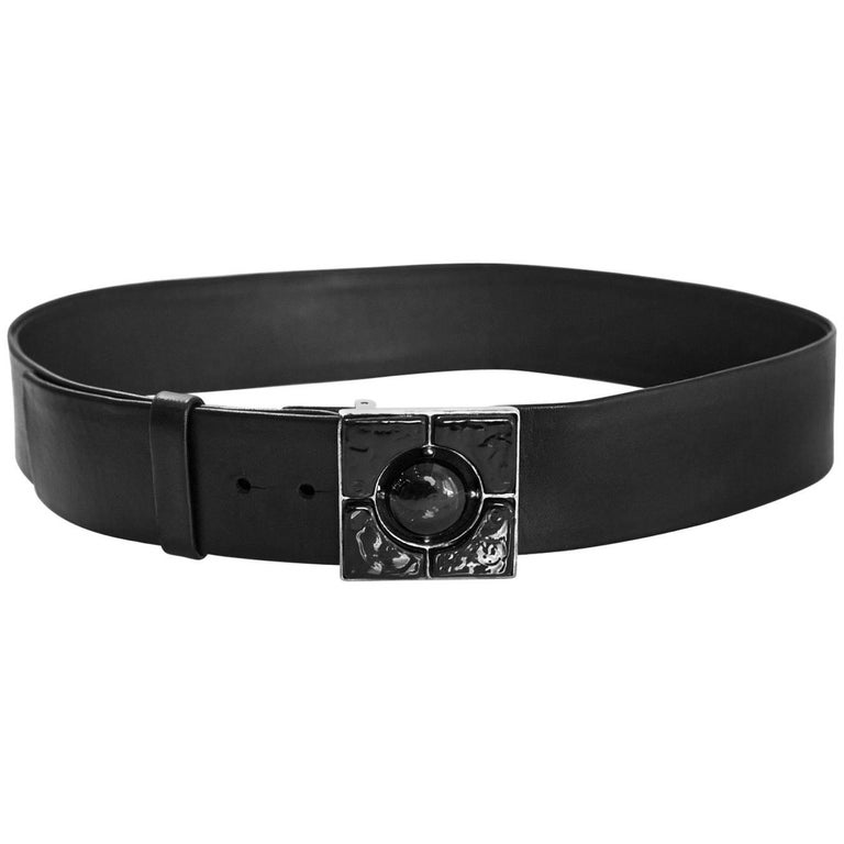 Chanel Black Leather and Enamel Buckle Belt Sz 85 For Sale at 1stdibs