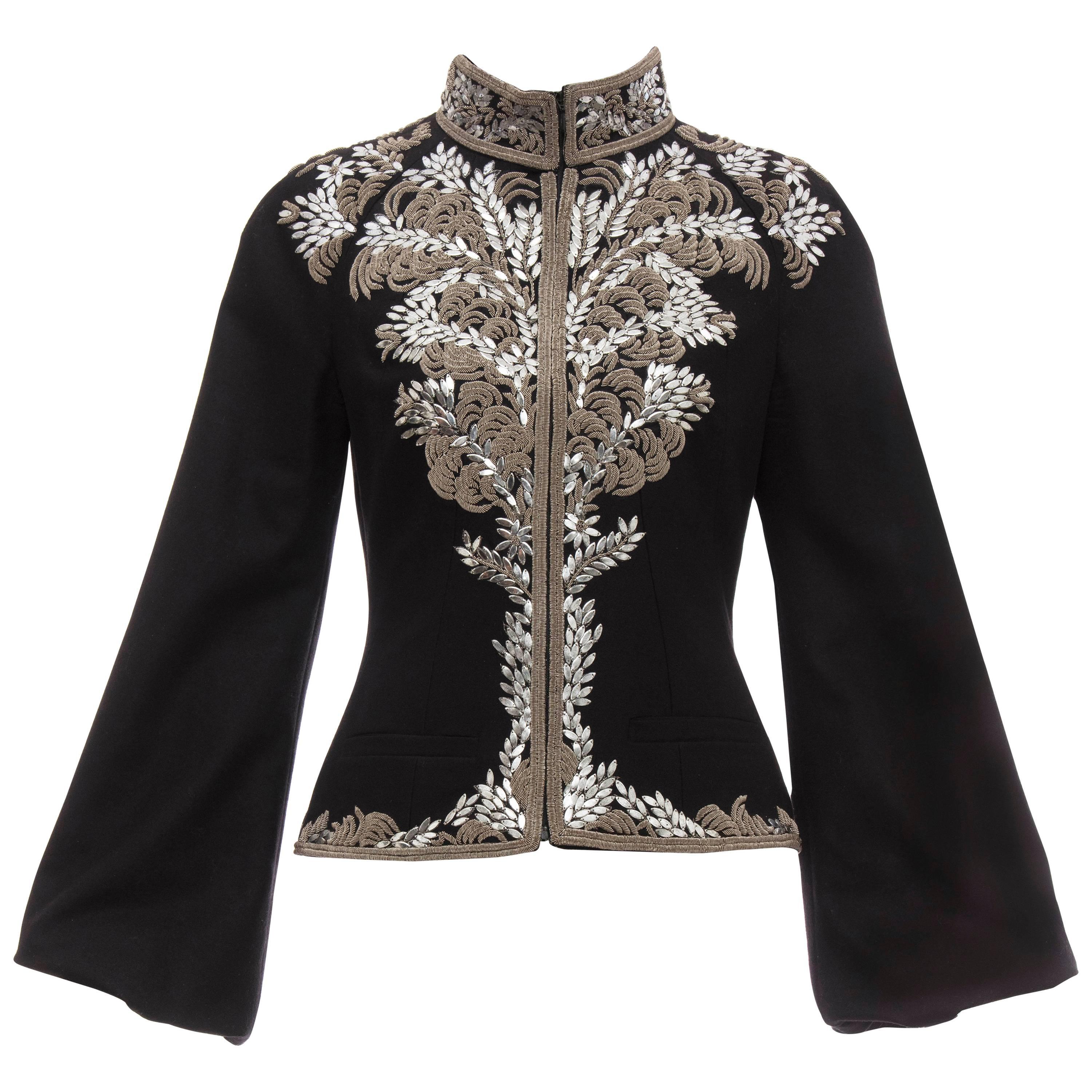 Alexander McQueen Black Wool Zip Front Embroidered Jacket, Circa 2004 For Sale