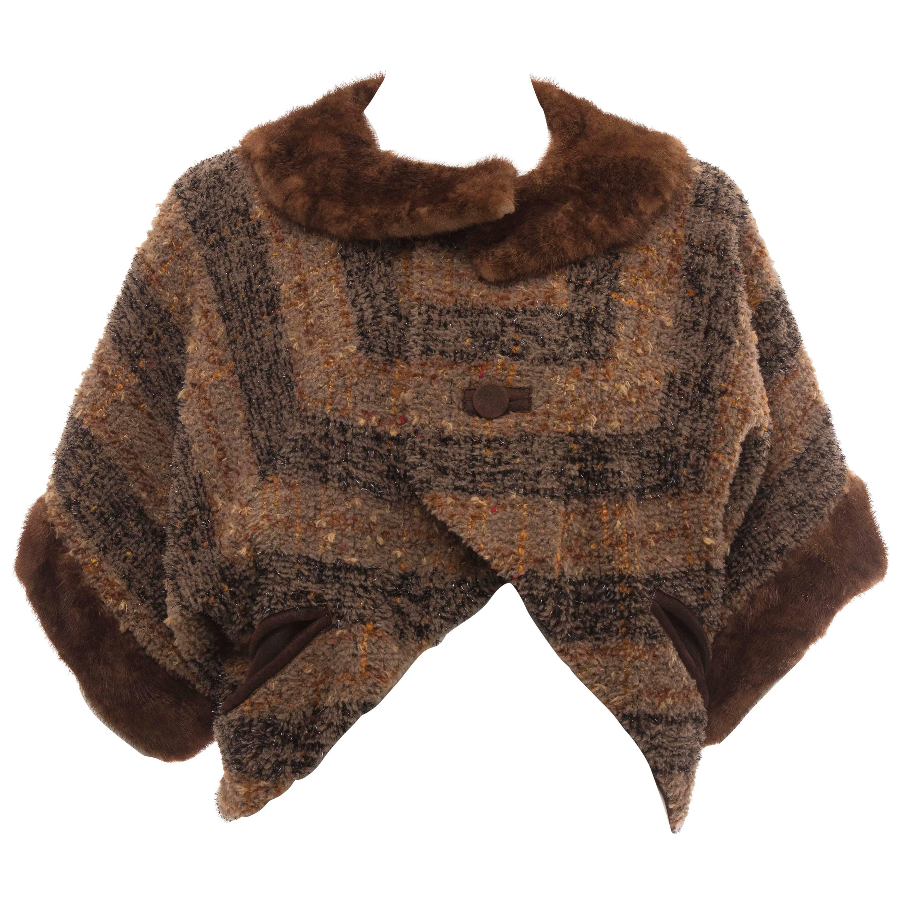 Olivier Theyskens Runway Brown Metallic Tweed Cropped Jacket Fur Trim, Fall 2001 For Sale