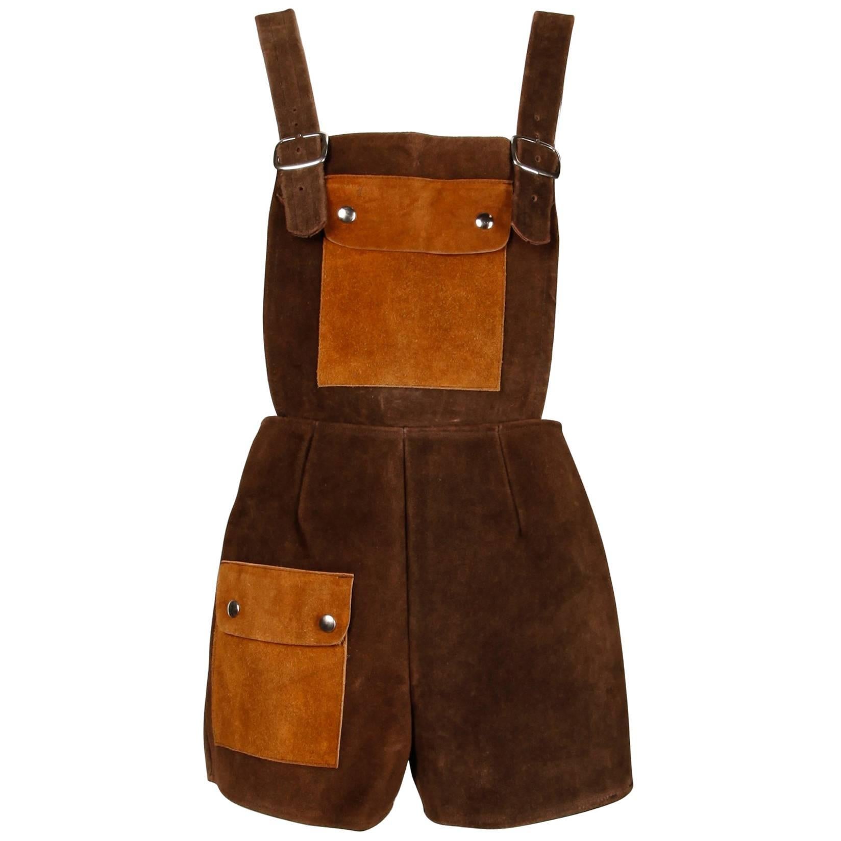 1970s Vintage Two-Tone Brown Suede Leather Shorts Overalls Onesie