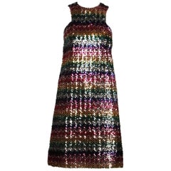 1960s Vintage Rainbow Stiped Metallic Sequin Shift Dress
