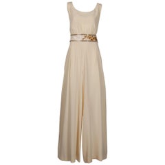 Bob Mackie Vintage Cream Jumpsuit with Metallic Gold + White Beaded Waistband