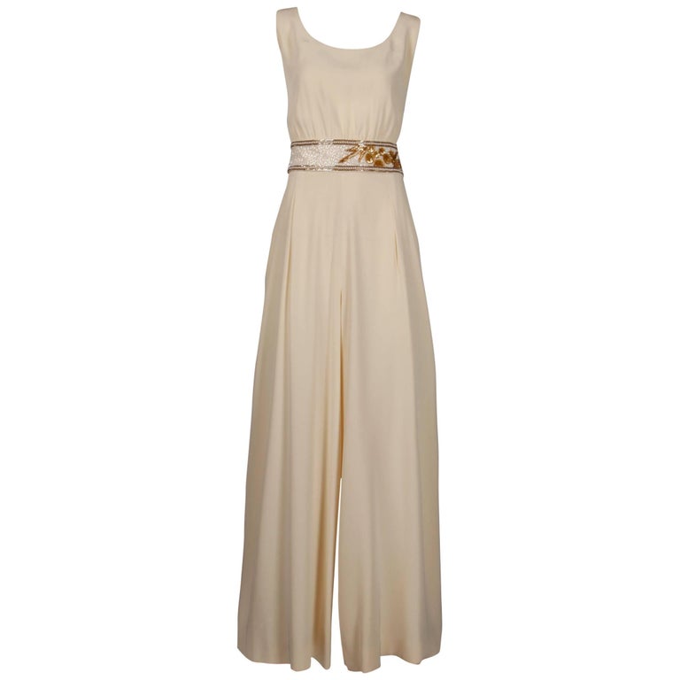 Bob Mackie Vintage Cream Jumpsuit with Metallic Gold and White Beaded