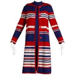 1960s Gia Ninno Retro 100% Wool Knit Red, White Blue Striped Coat + Dress 