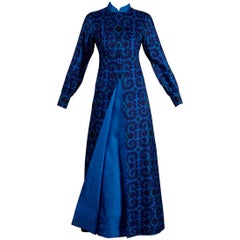 1970s Vintage Asian-Printed Blue Silk Maxi Dress
