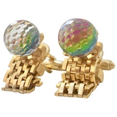 60'S Pair Of Gold Metal Mesh & Cut Crystal Ball Cuff Links By, Dante