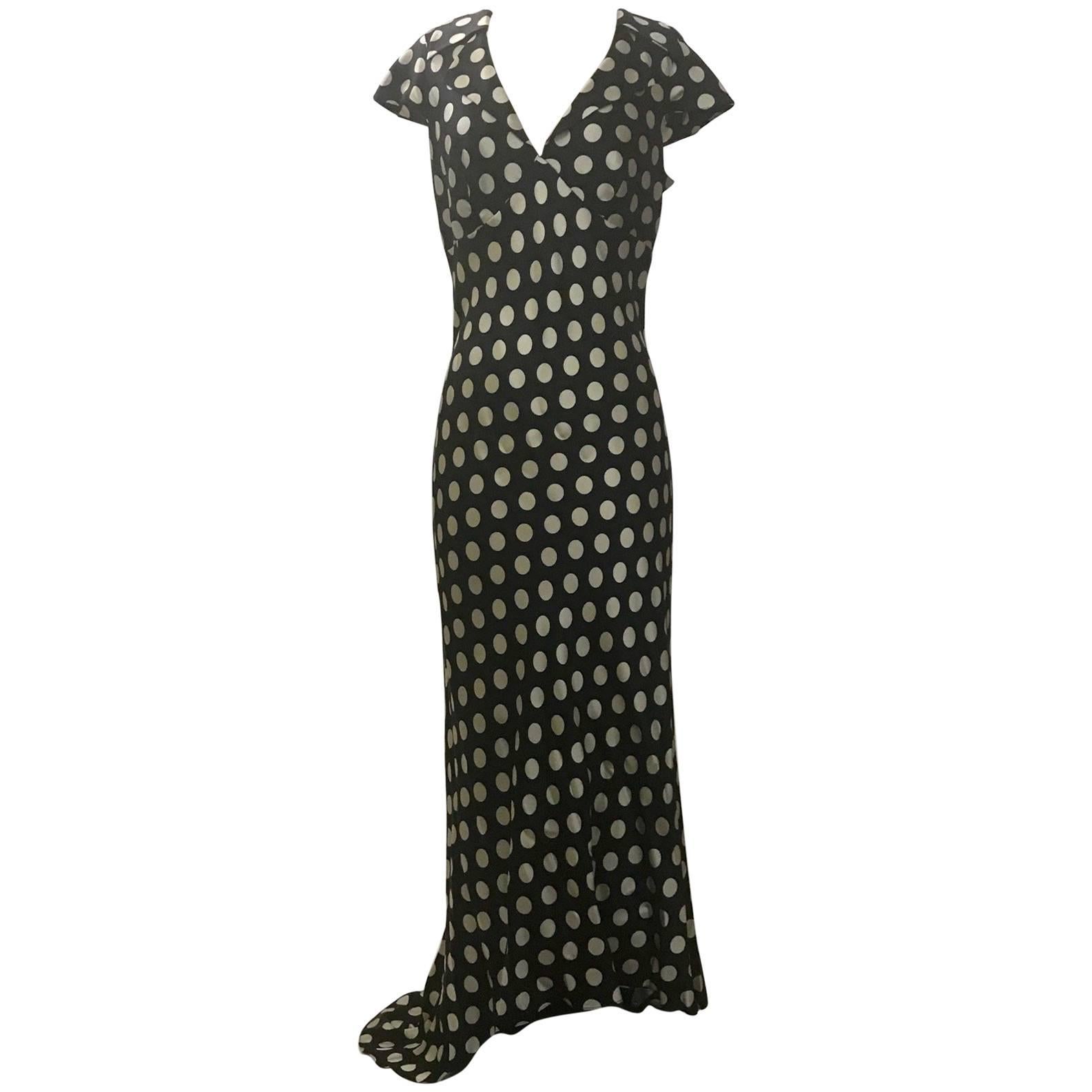 Moschino Couture! Black and White Silk Polka Dot Long Maxi Dress, 1980s  