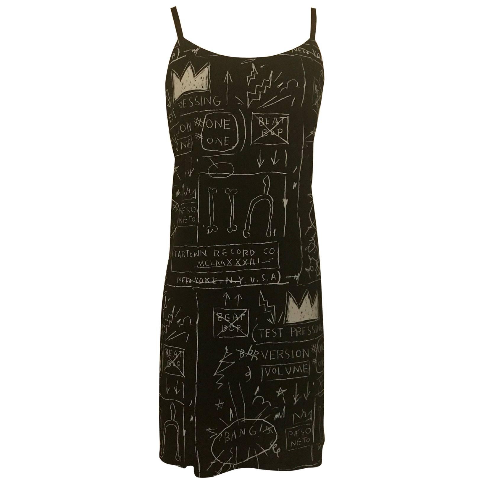 New Alice & Olivia Basquiat Graffiti Print Black and White Silk Blend Slip Dress