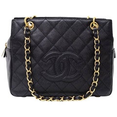 Chanel PST Black Quilted Caviar Leather Shopping Tote Bag