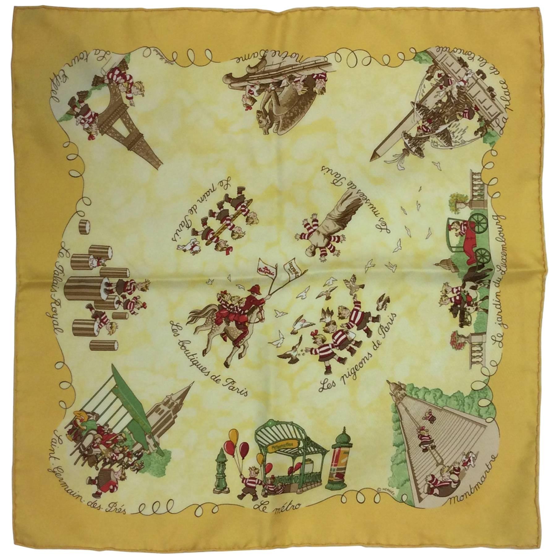 Hermes Yellow Printed Square Silk Scarf For Sale