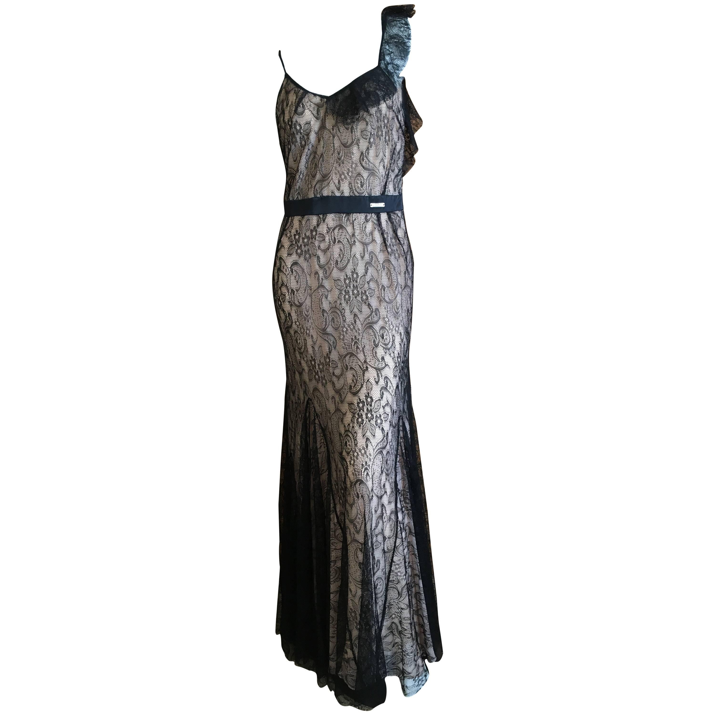John Galliano Black Lace Evening Dress with Pale Pink Lining For Sale