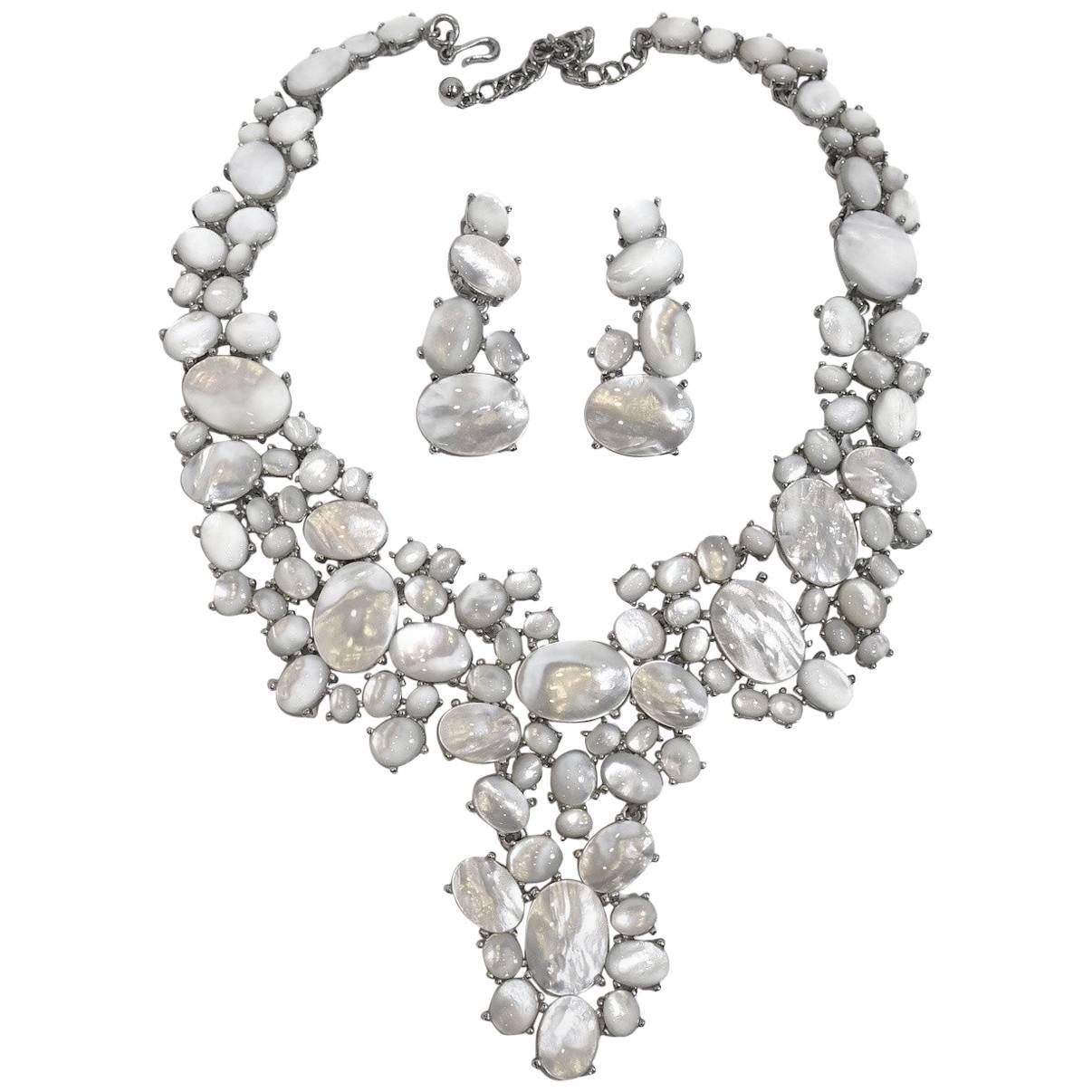 Kenneth Jay Lane Mother-of-Pearl Bib Necklace and Drop Earrings
