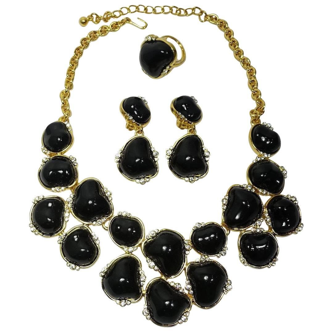 Kenneth Jay Lane Signed Black and crystal Bib Necklace Earrings and Ring Set