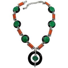 Signed Kenneth Jay Lane Faux Jade, Coral & Crystals Drop Necklace