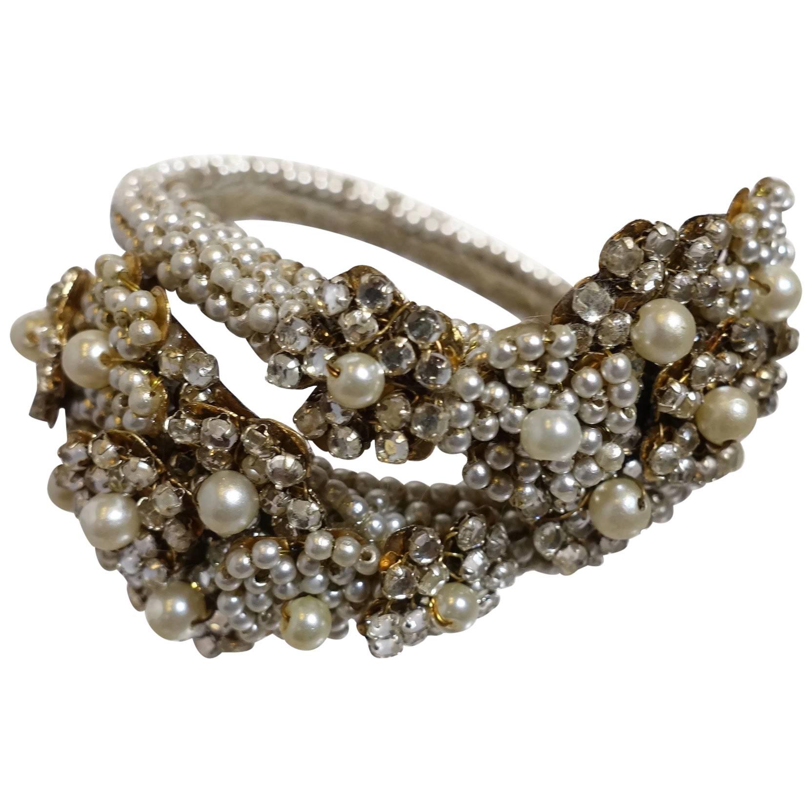 Early 1930s Vintage Miriam Haskell Faux Pearl & Crystals Wrap Bracelet