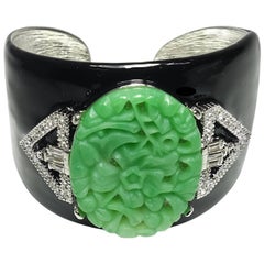 Signed Kenneth Jay Lane (KJL) Deco Style Carved Faux Jade Cuff Bracelet