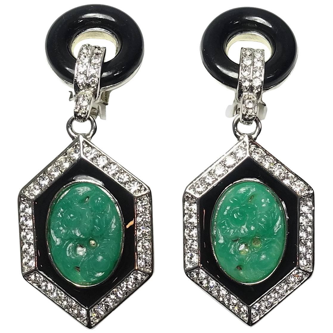 Signed Kenneth Jay Lane Carved Faux Jade and Crystal Earrings