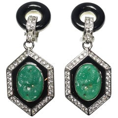 Signed Kenneth Jay Lane Carved Faux Jade and Crystal Earrings