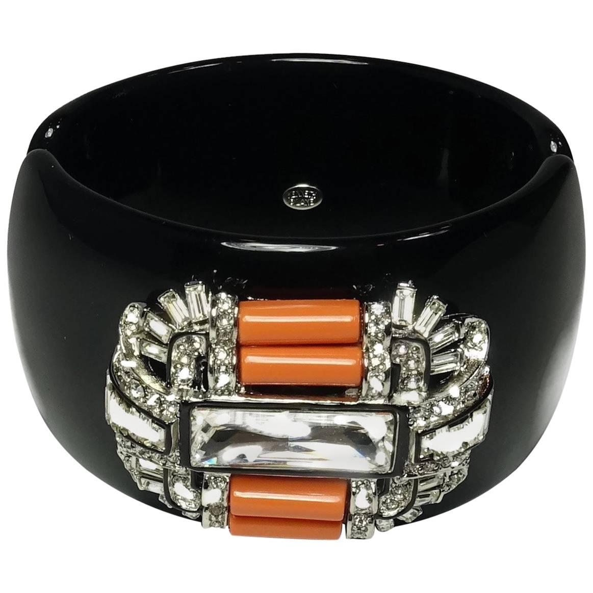 Signed Kenneth Jay Lane Deco Faux Coral & Crystals Clamper Bracelet
