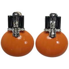 Signed Kenneth Jay Lane (KJL) Faux Coral, Onyx & Crystals Earrings 2