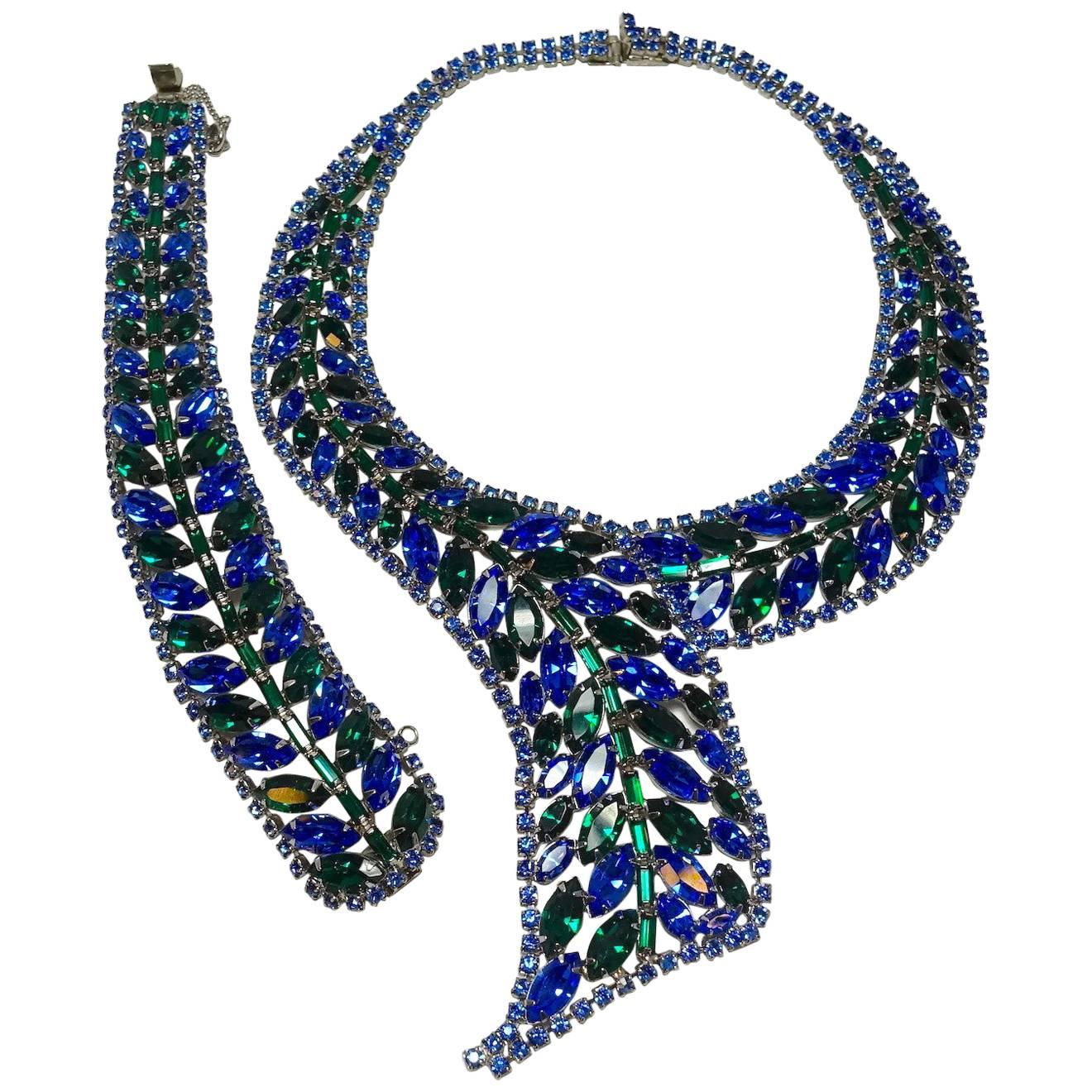 Vintage Weiss Blue & Green Crystals Necklace & Bracelet For Sale