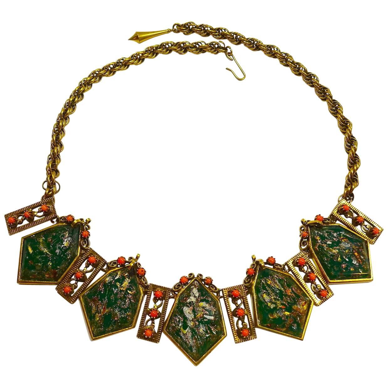 Vintage 1940s Faux Coral & Green Foil Drops Necklace