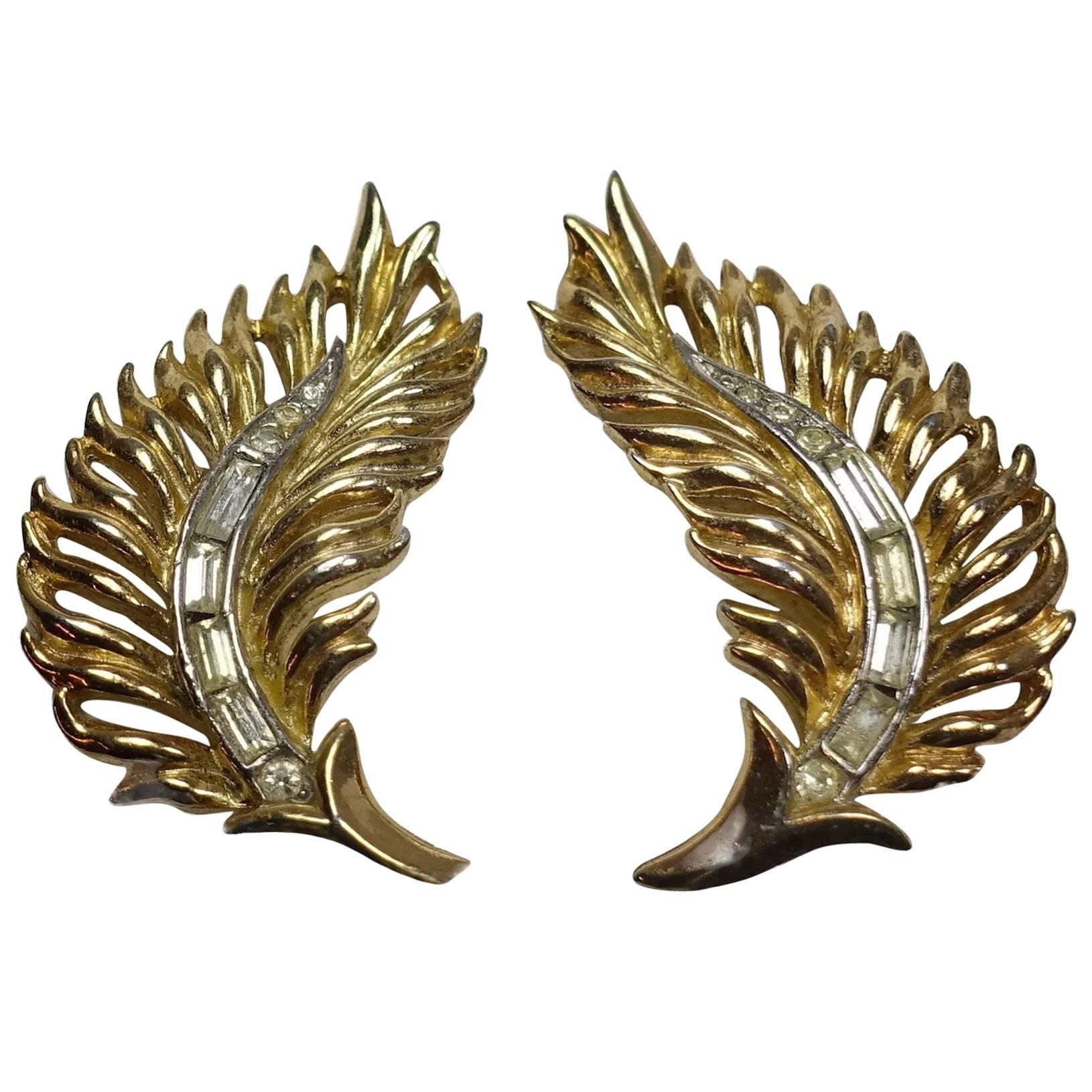 Vintage Signed Trifari Gold & Crystals Leaf Earrings
