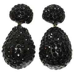 Signed Kenneth Jay Lane Black Crystals Teardrop Earrings