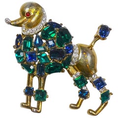 Vintage 1940s Signed Trifari Multi-Color Crystals Sterling Silver Poodle Brooch