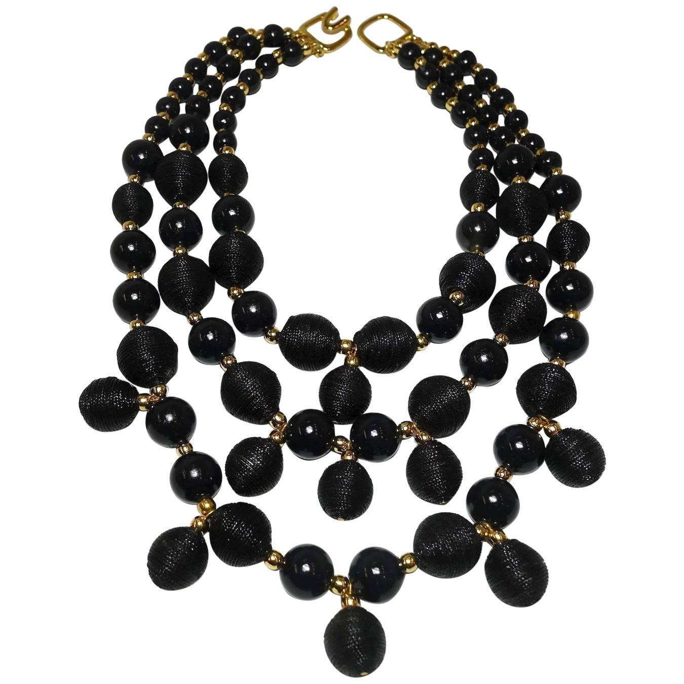 Signed Kenneth Jay Lane Multi-3-Strand Black Bead Necklace