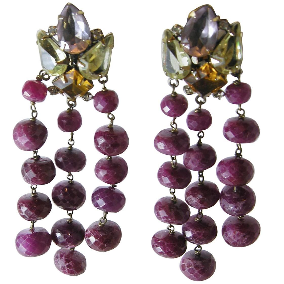 Vintage 1980s Iradj Moini Gemstone Ruby Dangling Earrings